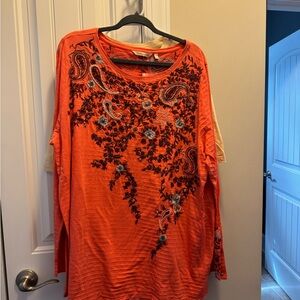 Soft Surroundings Orange Embroidered Long Sleeve Top